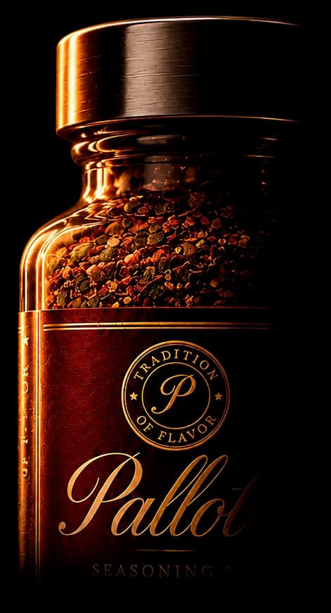 Palloto seasoning jar filled with a herb and chili blend, lit in warm amber light